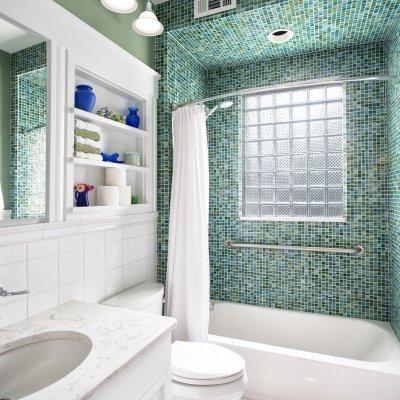 bathroom renovation glass block, glass tile, built in shelves residential